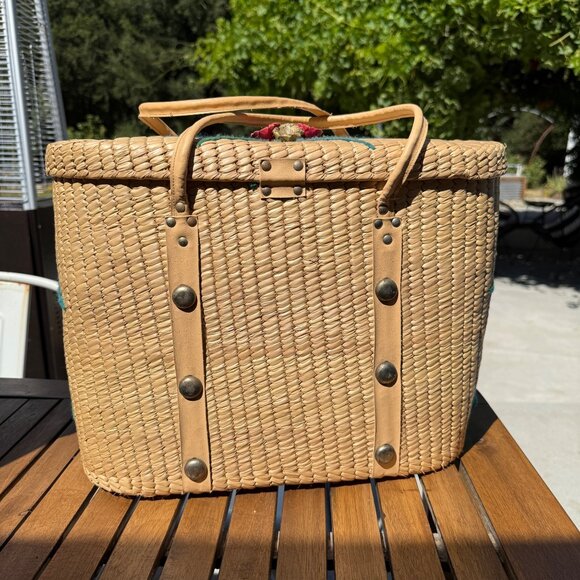 Vintage Woven Straw Tote Bag With Leather Straps & Floral Embroidery - Picture 4 of 8